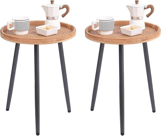 Tiita 2 Pack Rattan Round End Table Mental Side Table Nightstand/Small Wood Tables Accent Coffee Table with Wooden Tray for Living Room Bedroom Office Small Space