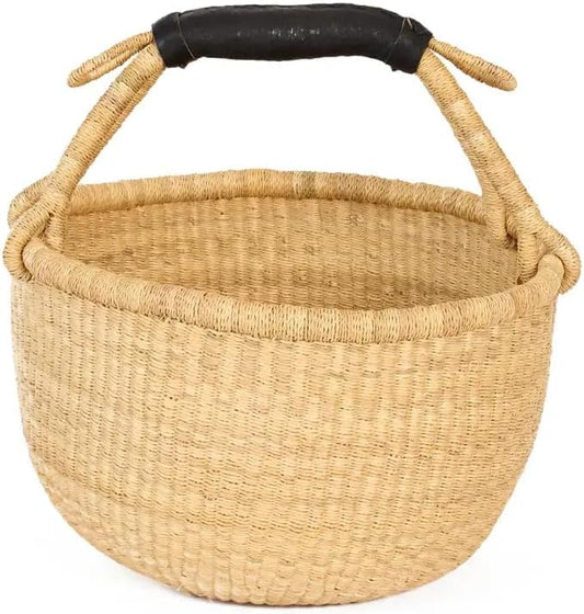 AYÉYA Handwoven African Basket – Flattened Market Style – Artisan Wicker Basket with Leather Handles – Unique Re-shapable Tote for Garden, Shopping, Storage – Handmade in Ghana