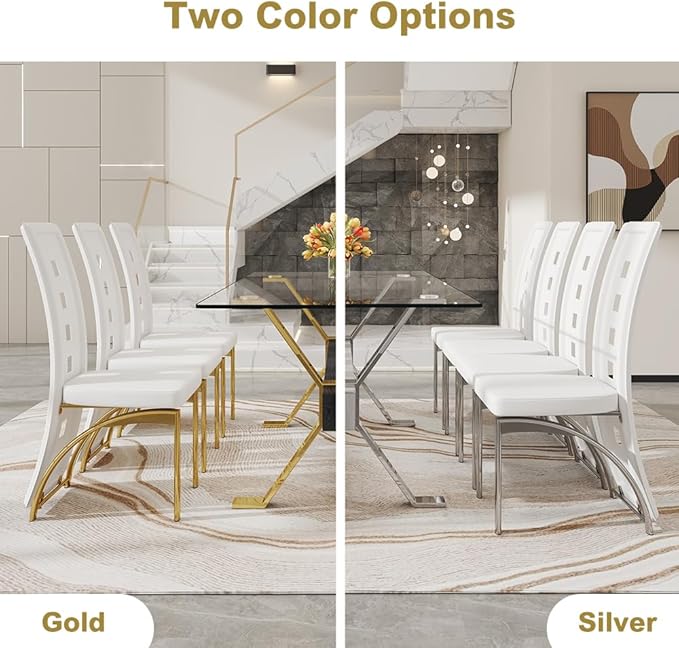 71'' Glass Dining Table Set for 8,9 Piece Dining Table Set with Tempered Glass Tabletop and Open‑Frame X‑Shaped Metal Base,Kitchen Table and Chairs Ideal for Dining Room&Home Office