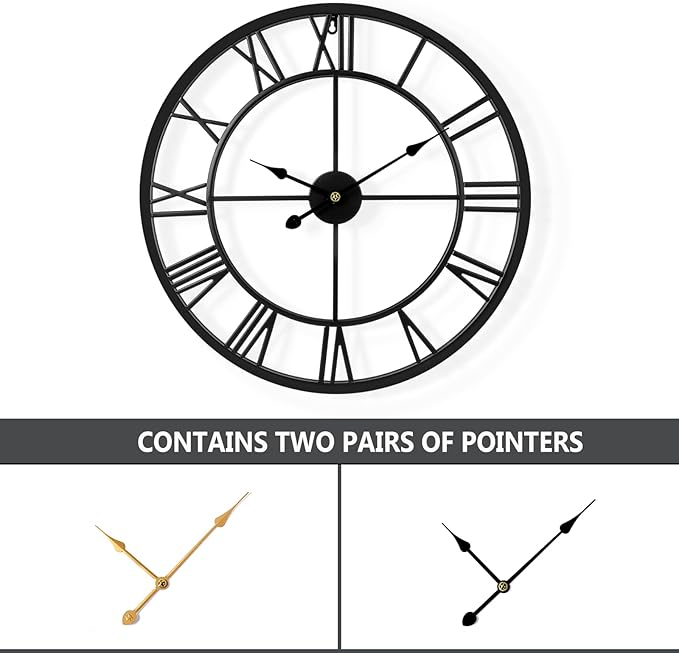 Tatub 24 Inch Large Wall Clock for Living Room Decor, Roman Numeral Modern Round Decorative Metal Large Wall Clock for Bedroom and Kitchen, Silent, Non Ticking, Battery Operated