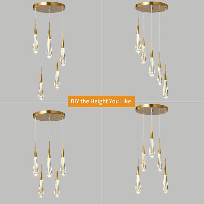 LMQNINE Kitchen Light Fixtures Ceiling Dimmable LED Modern Gold Pendant Light Mini Teardrop Crystal Pendant Light for Kitchen Island Bedroom Hallway Entryway (5-Light)