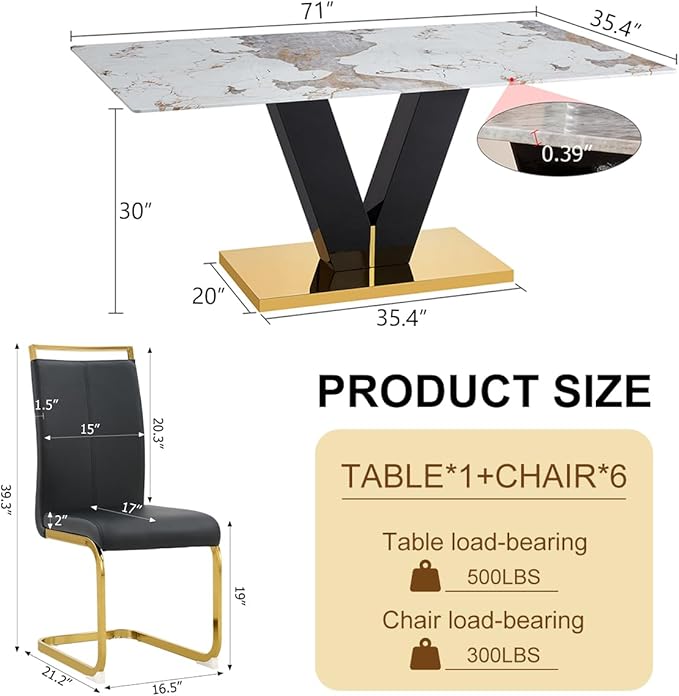 Dining Room Table Set for 6,71'' Marble Dining Table Set,Modern Kitchen Table with 6 PU Leather Chairs,Gold Dining Table Set with V-Shaped Black Glossy Pillars,Ideal for Kitchen Dining Room