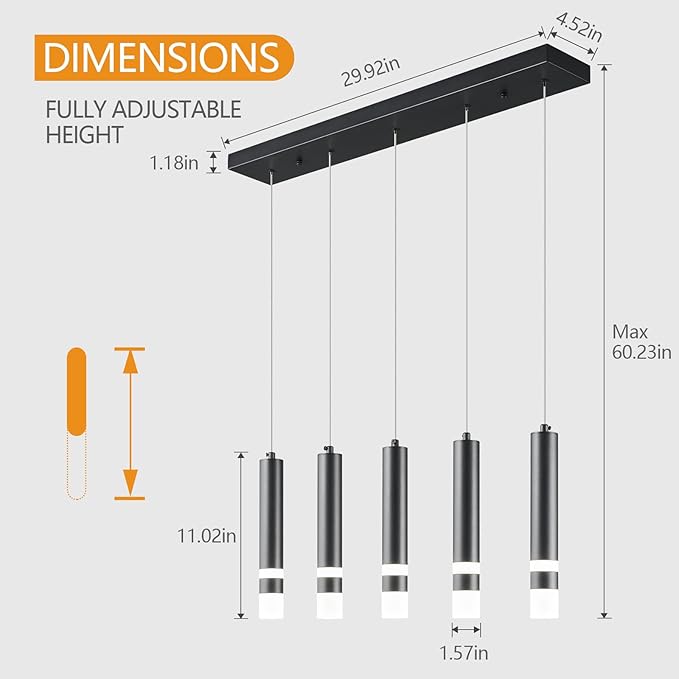 5-Light Dining Room Modern Pendant Light Kitchen Fixture Dimmable LED Black Mini Pendant Lighting fo Kitchen Island Study Pendant Lights