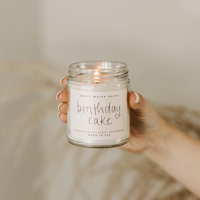 Sweet Water Decor Birthday Cake Candle - Tahitian Vanilla, Powdered Sugar, and Buttercream Scented Soy Birthday Candle for Home - 9oz Clear Jar, 40 Hour Burn Time, Made in The USA