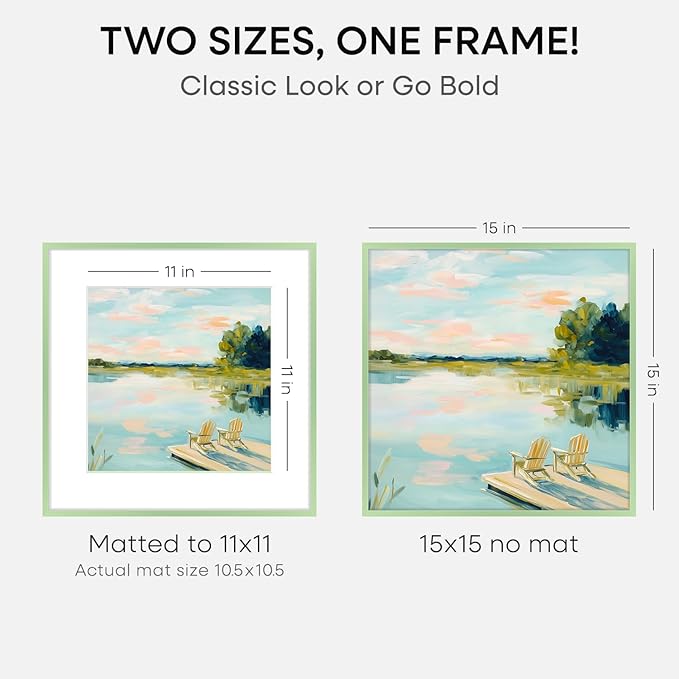 Homeforia 15x15 Picture Frame Sage Green, High End Metal 15 x 15 Square Poster Frames with Mat 11 x 11 Photo, 15x15 Frame Matted to 11x11 Art, 15by15 Hanging Frames, Tempered Glass, Wall Kit, Set of 1