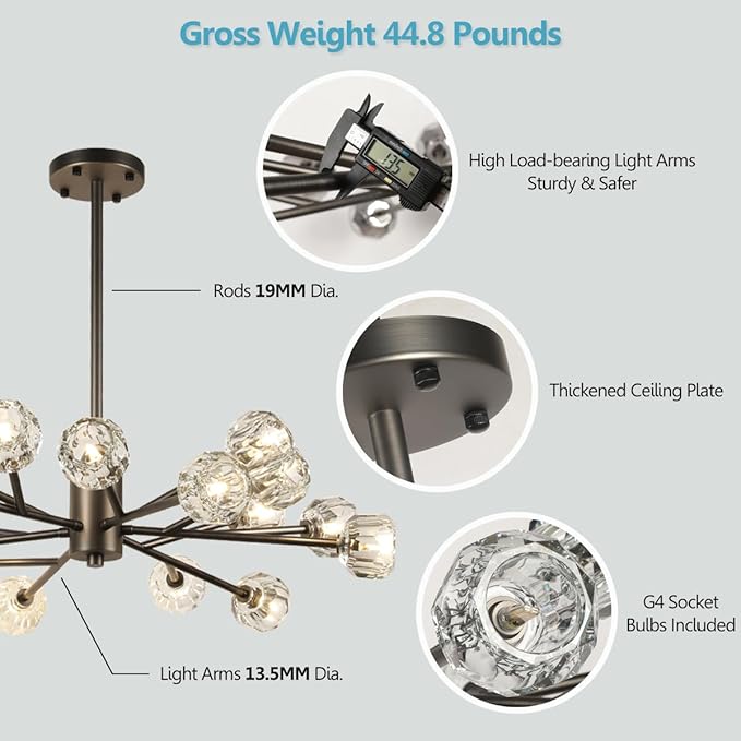 Sputnik Chandeliers 35.4", Black Crystal Chandelier Dining Room Light Fixture, 18 Lights Crystal Sputnik Ceiling Chandelier for Living Room Bedroom