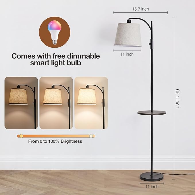 AIDENOEY Smart Floor Lamp with Side Table | Stepless Dimming, RGB Multi-Color | Adjustable Swivel Head | Voice Control with Alexa & Google Assistant |Black Lamp for Living Room,Bedroom,Home Office