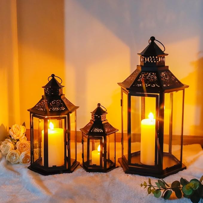 TRIROCKS Set of 3 Decorative Candle Lanterns18''&13"&10" H Hexagonal Candle Holder Vintage Metal Hanging Lantern with Tempered Glass for Garden Patio Wedding Event Indoors Outdoors(Black)