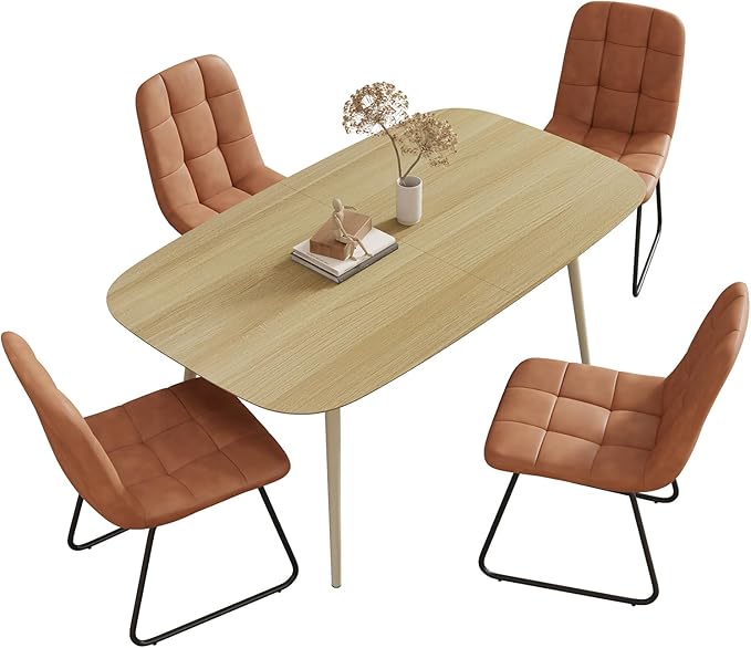 55.1'' Dining Table Set for 4,Modern Wood Dining Table,Leather Dining Chairs 4,Table and Chairs Set of 4,Ideal for Kitchen Dining Room (Cat Scratch Table + 4 U-Shaped Brown Chairs, 55.1")