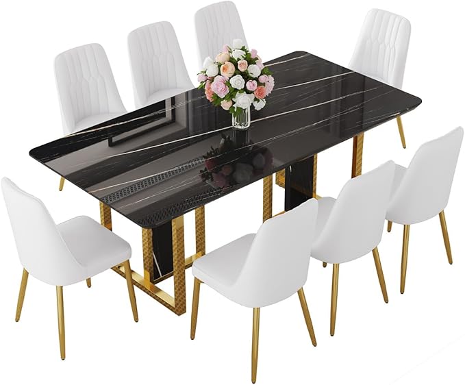 TesNus 79" Black Dining Table Set for 8 with Chairs,Large Faux Marble Kitchen Table and Chairs Set Rectangular 9 Piece Dining Room Set with Gold Metal Legs,Easy Assemble,Stable Base