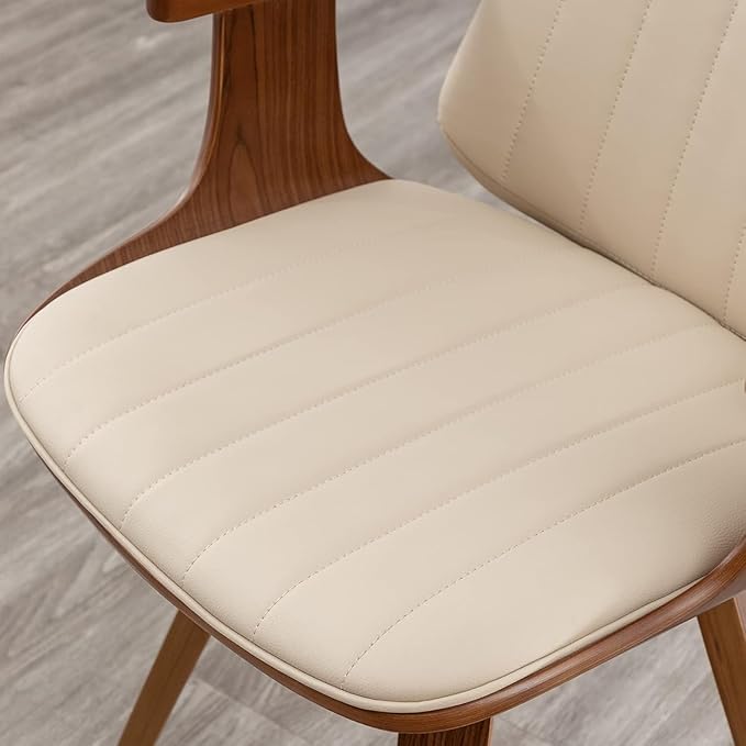 Dining Chairs Set of 2, Mid Century Modern Dining Chairs with Walnut Craftsmanship, Upholstered Faux Leather, Wooden Arms and Legs, Dining Chair with Arms for Kitchen/Living Room (Beige, Swivel)