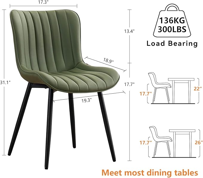 YOUNUOKE Green Dining Chairs Set of 2 Mid-Century Modern Kitchen Dining Room Chairs Armless Faux Leather Upholstered Accent Side Dinner Chair with Padded Back Metal Legs, Olive
