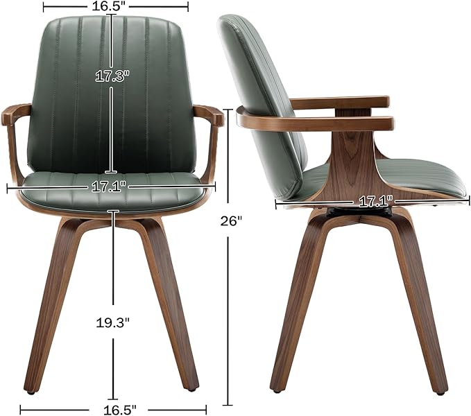 MCM Dining Chairs, Set of 2 Faux Leather Dining Chairs with Walnut Craftsmanship, Upholstered Faux Leather, Wooden Arms and Legs, Green Leather Dining Chair for Kitchen/Living Room (Green, Swivel)
