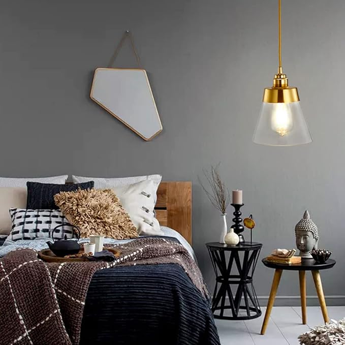 Modo Lighting Glass Pendant Light Metal Antique Brushed Brass Pendant Light Fixtures with Clear Glass Shade Modern Adjustable Hanging Light for Living Room Kitchen Island, Gold