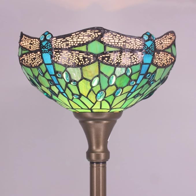 Tiffany Floor Lamp Torchiere Stained Glass Torch Lamp 12X12X67 Inch Antique Standing Corner Light (Green Dragonfly)