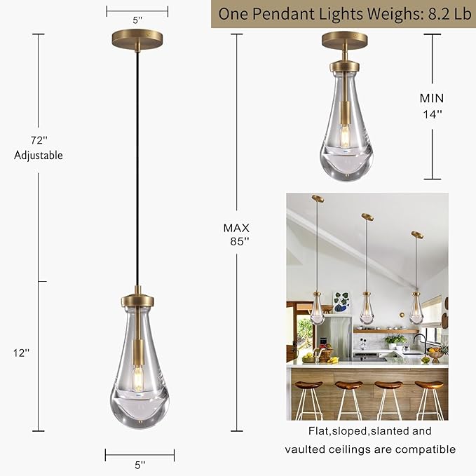 Raindrop Pendant Light Fixtures, Brass Glass Pendant Lighting, Teardrops Pendant Lights Kitchen Island, Indoor Pendant Light for Kitchen Island Bedroom Bathroom, Included Bulb