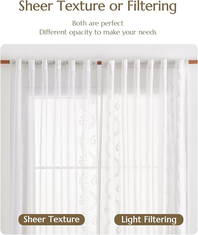 jinchan Belrose Linen Sheer Curtains for Living Room 63 Inch Length Sheer Voile Embroidered Floral Curtains for Bedroom Light Filtering Rod Pocket Window Treatments Farmhouse Decor 2 Panels White