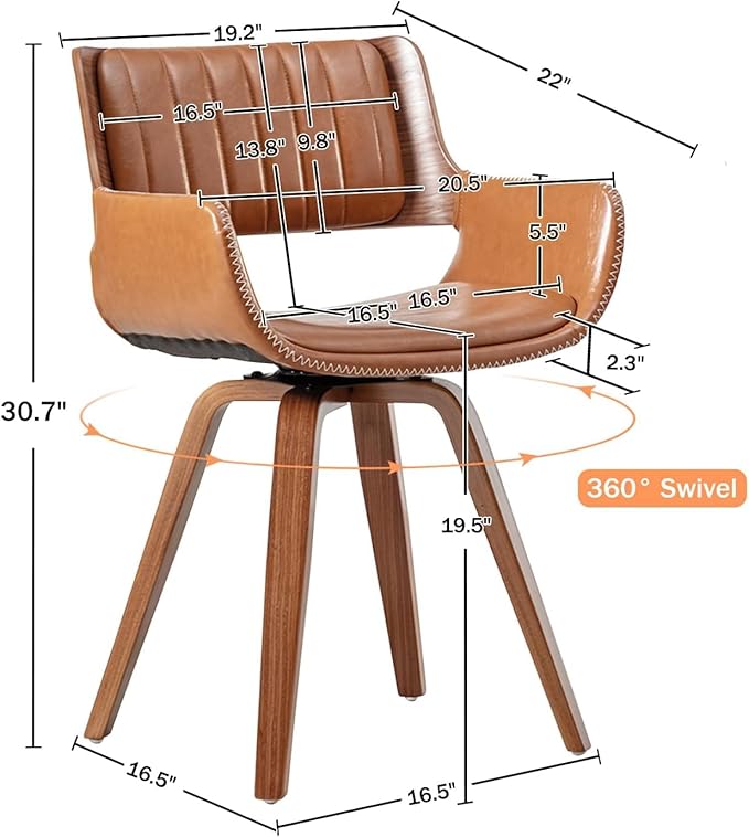 LUNLING Swivel Accent Faux Leather Dining Chairs, Mid Century Modern Chairs with Wooden Legs/Armrest/Upholstered Seat/Adjustable Foots for Kitchen Dining Room Desk Chairs,Brown,1PCS
