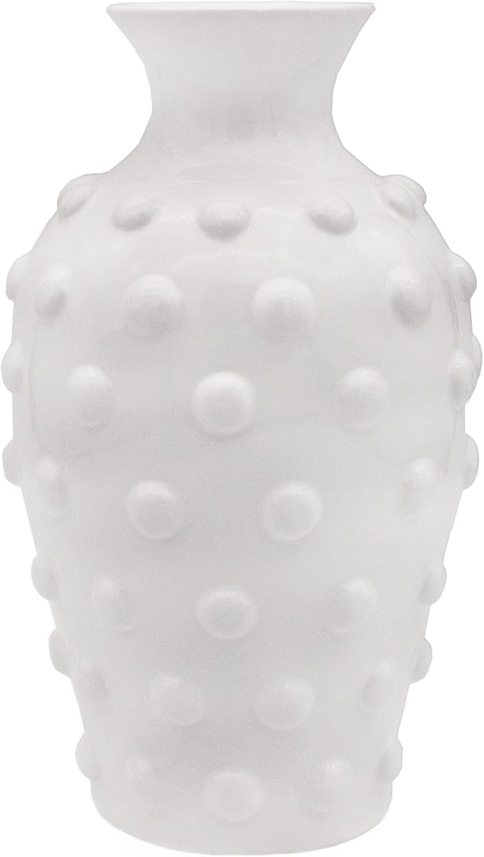 AuldHome Vintage White Hobnail Ceramic Vase, 11 inches tall, 5.4 inch diameter