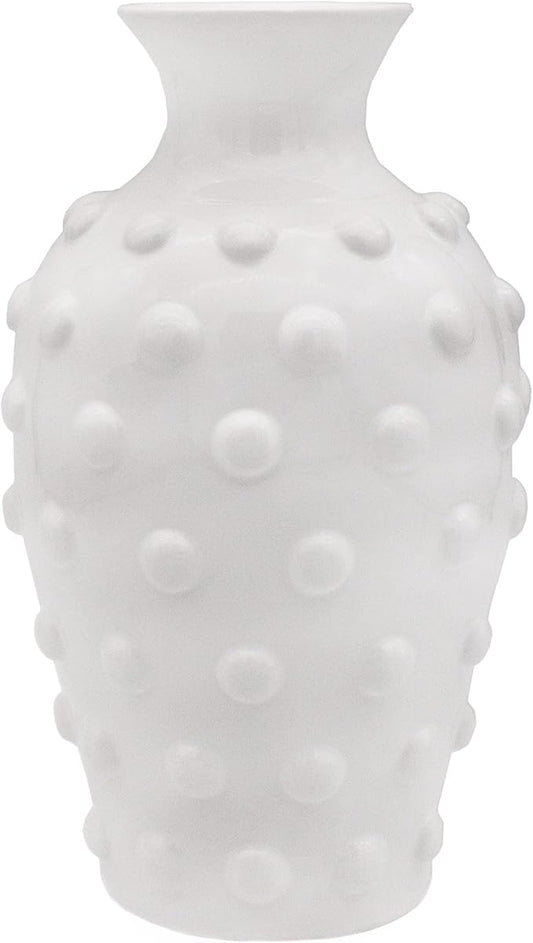 AuldHome Vintage White Hobnail Ceramic Vase, 11 inches tall, 5.4 inch diameter