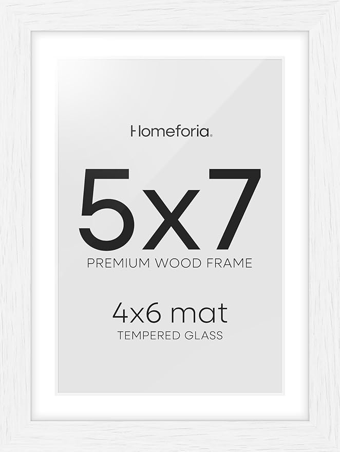 Homeforia White Picture Frames 5x7, High End Oak 5x7 Wooden Frame with Mat 4x6 Art, 5 x 7 White Wood Frames Matted to 4 x 6 inch Photo, 7by5 Wall or Tabletop Frame, Tempered Glass, Wall Kit, Set of 1