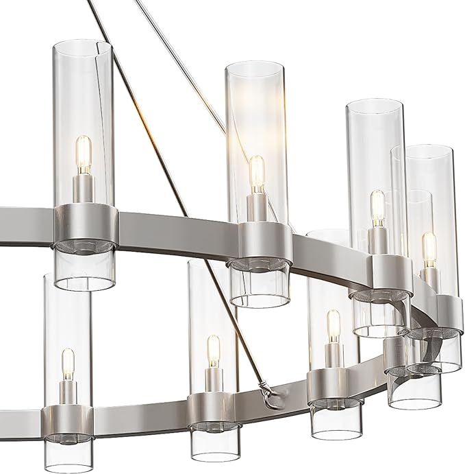 Modern Chandelier,Wagon 16-Lights Wheel Chandelier with Glass Shade, Nickel 48 Inch Large Round Industrial High Ceilings Pendant Lighting Fixture for Dining Room, Living Room, Foyer