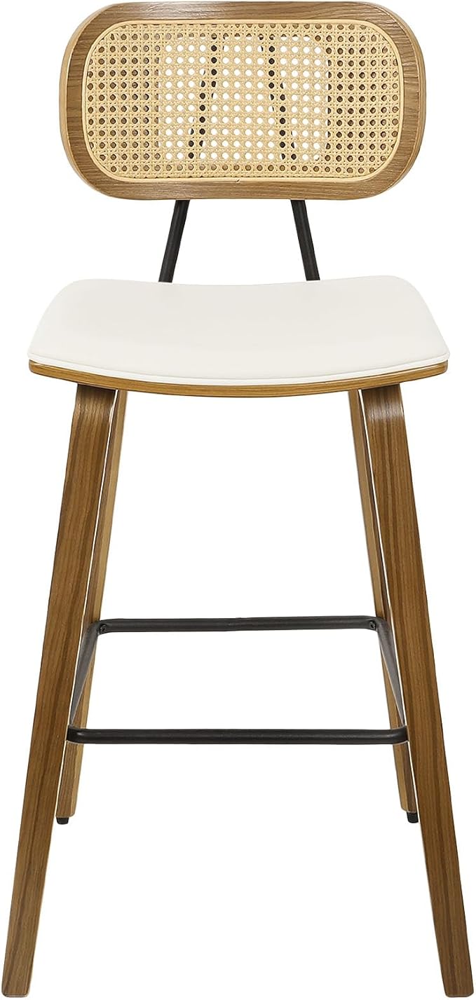 26" Counter Height Bar Stools Mid Century Modern Counter Stools, Wood Counter Stool with PU Leather Upholstered Bar Chair with Rattan Back, Counter Height Stools for Kitchen Island, Cream White