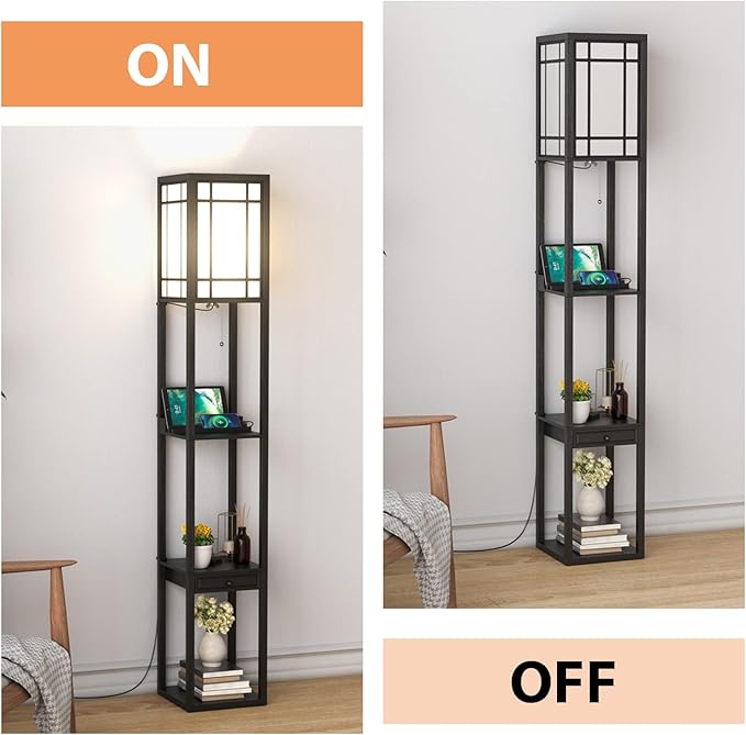 Tangkula Floor Lamp with Shelves and Drawer, 1 Power Outlet & 2 USB Ports, Modern Shelf Standing Light for Living Room Bedroom, Black (Glossy)