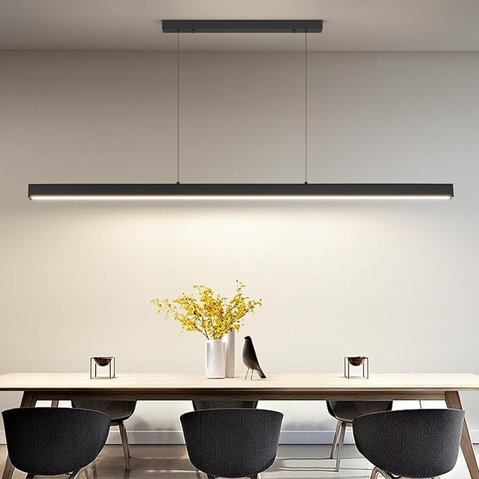 57" LED Linear Pendant Light Fixtures, 25W Dimmable Pool Table Light with Remote, Modern Island Lights for Kitchen Dining Room Living Room Office Bar, 3000k-6000k, Black