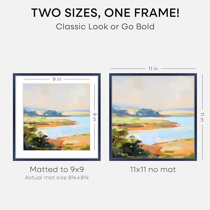 Homeforia 11x11 Navy Blue Picture Frame, High End Metal 11 by 11 Square Frames with Mat 9 x 9 Photo, 11by11 Poster Frame Matted to 9x9 inch Art, Wall Hanging Frames, Tempered Glass, Wall Kit, Set of 1