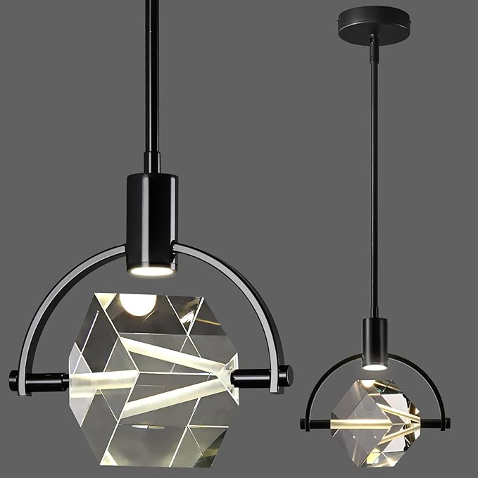 Pendant Ceiling Light Fixture for Kitchen Island, Modern Mini Integrated LED Hanging Light, Crystal Pendant Light in Black, Bedroom, Dining Room, Bar (1-Lights)