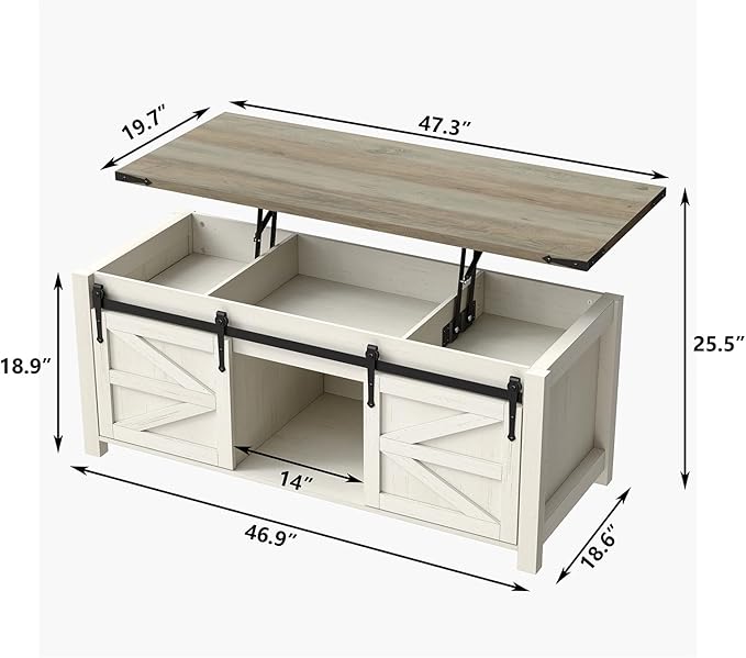 47.3''Lift Top Coffee Table, Farmhouse Center Table with Large Storage & Sliding Barn Doors, Modern Rectangular White Cocktail Table for Living Room, Grey Top