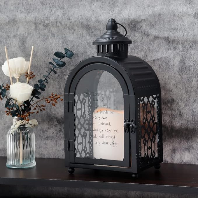 TRIROCKS Memorial Lantern 11'' High Walk Beside Us Remembrance Lantern With Automatic Timer LED Candle And Love Pattern Bereavement Sympathy Gifts For Funeral Memorial Service Loss of Loved One(Black)