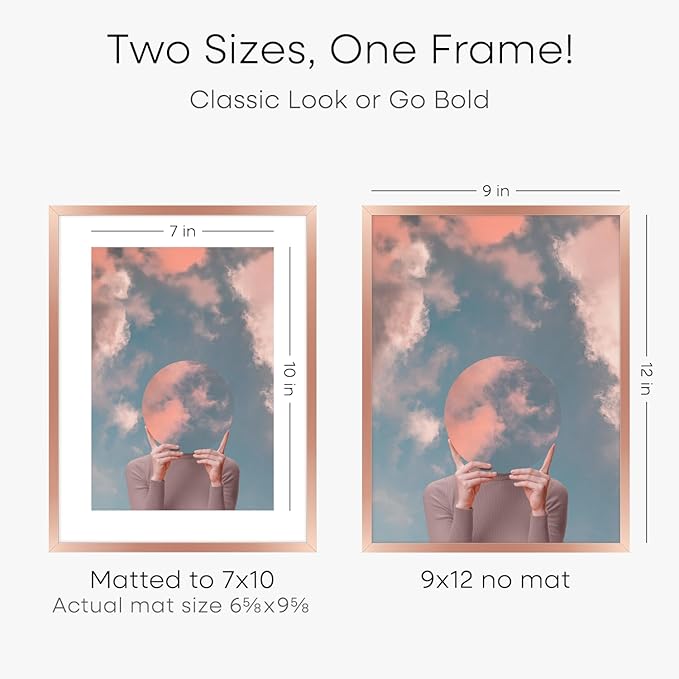 Homeforia 9x12 Rose Gold Frame, High End Metal 9 x 12 Picture Frames with Mat 7 by 10 inch Photo, 9by12 Poster Frame Matted to 7x10 Art, 12x9 Wall or Tabletop Frame, Tempered Glass, Wall Kit, Set of 2