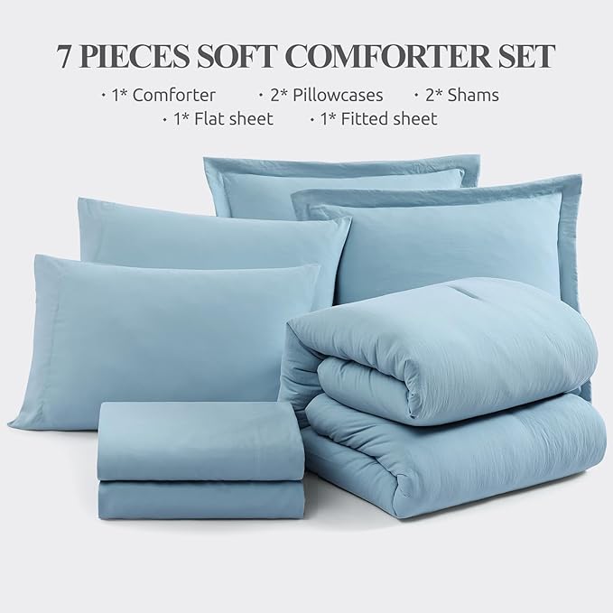 WRENSONGE Queen Comforter Set, 7 Pieces Soft Blue Bed in a Bag Queen with Fitted Sheet, Flat Sheet, 2 Pillow Shams, and 2 Pillowcases- Warm Bedding Sets for All Season