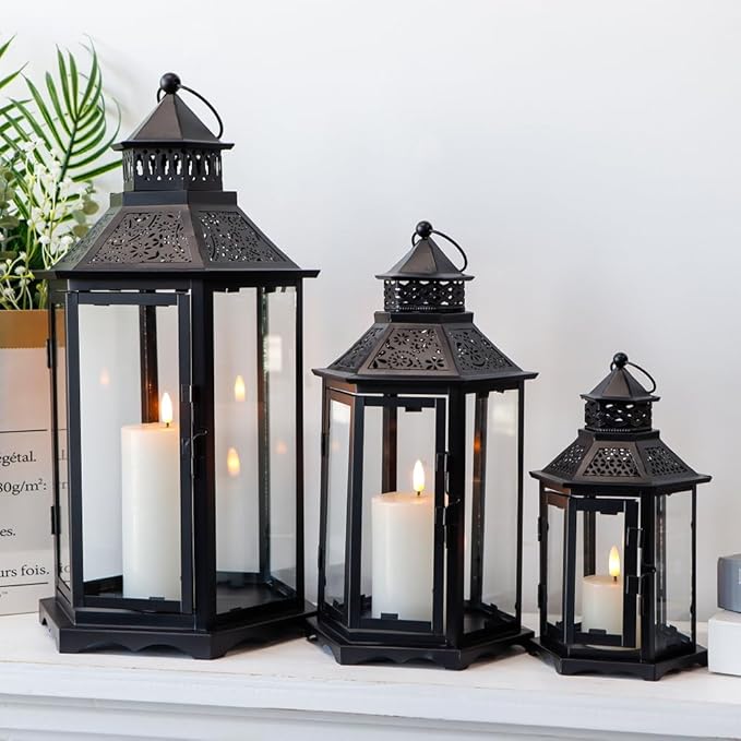 TRIROCKS Set of 3 Decorative Candle Lanterns18''&13"&10" H Hexagonal Candle Holder Vintage Metal Hanging Lantern with Tempered Glass for Garden Patio Wedding Event Indoors Outdoors(Black)