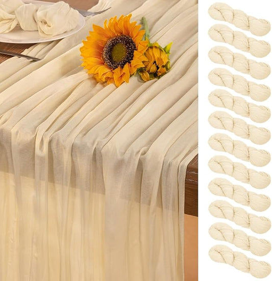 Beige Cheesecloth Table Runner 12 Pack Fall Table Runners 120 Inches Boho Gauze Cream Cheese Cloth Fall Table Decorations for Thanksgiving Wedding Bridal Baby Shower Garden Party Decor