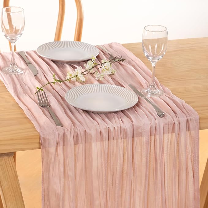 MLMC 12 Pack Dusty Pink Cheesecloth Table Runner 10ft Rustic Gauze Cheese Cloth Fall Table Runner Bulk 35x120 Inches for Romantic Wedding Bridal Baby Shower Anniversary Party Decor