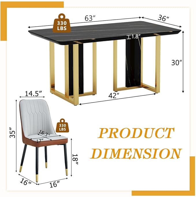 TesNus 63" Black Dining Table Set for 4 with Chairs,Modern Faux Marble Rectangular Kitchen Table and Chairs Set Luxury 5 Piece Dining Room Set with Gold Metal Legs,Easy Assemble,Stable Base