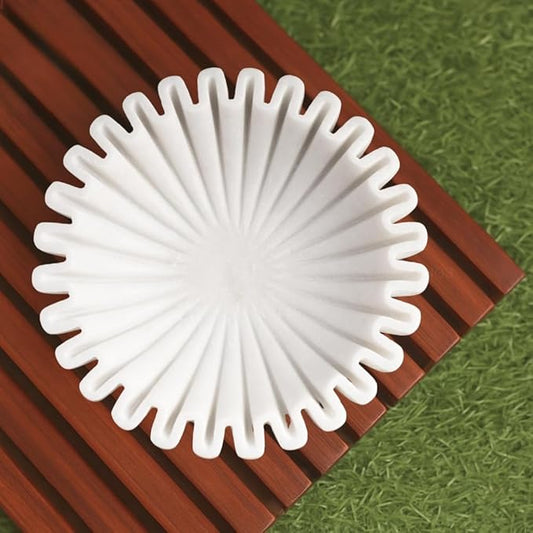 SWADESHI BLESSINGS HandCrafted Marble Ruffle Bowl/Antique Scallop Bowl/Fruit Bowl/Vintage Ring Dish/Decorative Flower Dish/HouseWarming Gift/Wedding Gifts/Urli (9 Inches)