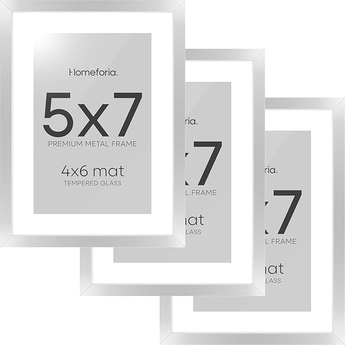 Homeforia 5x7 Picture Frame Silver, High End Metal 5 x 7 Silver Frames with Mat 4 x 6 Print, 5by7 Desk Frame Matted to 4x6 inch Photo, 5 by 7 Wall or Tabletop Frame, Tempered Glass, Wall Kit, Set of 3
