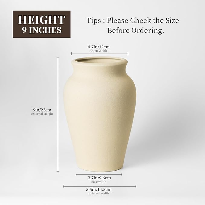 Ceramic Vase for Home Decor, 9 Inch Wide Mouth Pottery Vase, Vintage Farmhouse Vase Boho Neutral Decor, Terracotta Rustic Vase for Living Room, Entryway, Floor, Mantel Decoration（Pottery Clay）