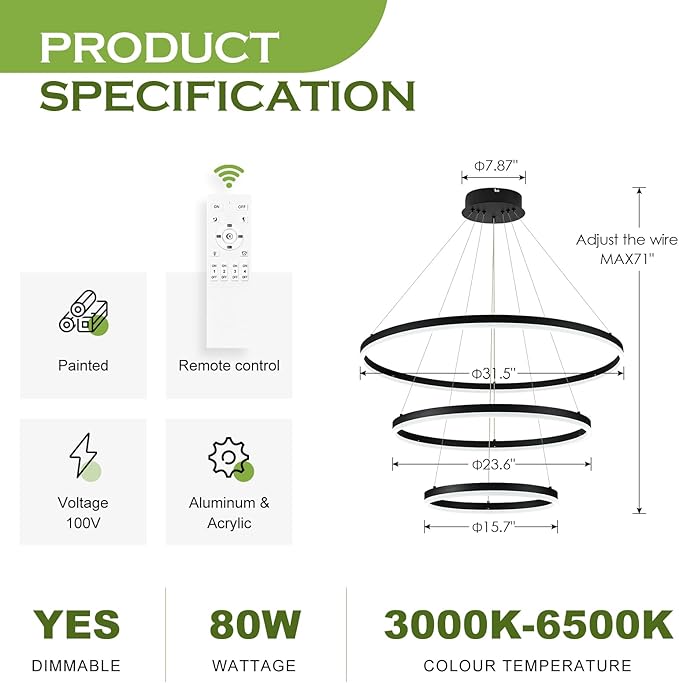 D31.5 3 Rings Modern LED Chandelier Black Dimmable LED Pendant Light with Remote Control Circular Flush Mount High Ceiling Light for Dining Room Living Room Bedroom Foyer(3000K-6500K, H71)
