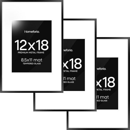 Homeforia 12x18 Picture Frame Black, High End Metal 12x18 Poster Frames with Mat 8.5x11 Photo, 12 x 18 Black Frames Matted to 8.5 by 11 inch Print, 18x12 Thin Frame, Tempered Glass, Wall Kit, Set of 3