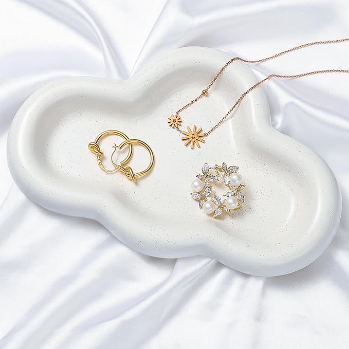 Ceramic Jewelry Tray, Cloud Trinket Dish for Necklace, Bracelet, Earrings, Perfume, Vanity, Key Bowl, Cute Ring Holder for Home Room Decor Aesthetic, Matte White