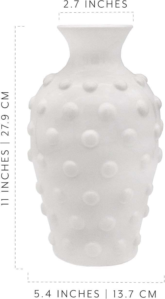 AuldHome Vintage White Hobnail Ceramic Vase, 11 inches tall, 5.4 inch diameter