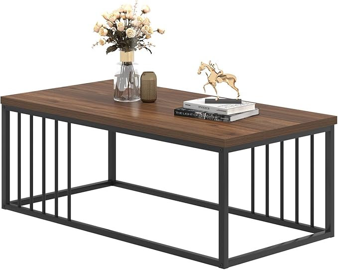 FOLUBAN Coffee Table for Living Room, Modern Wood and Metal Center Table Tea Table for Home Office, Rustic Walnut, 43.3 Inch