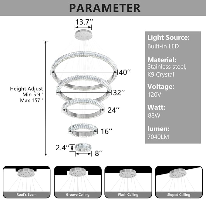 5 Ring Large Crystal Chandelier Modern LED Dimmable High Ceiling Chandelier Ring Contemporary Pendant Light Fixture for Living Room Foyer Staircase Gold D40''