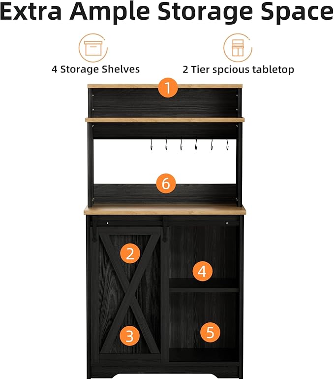 Farmhouse Coffee Bar with 3 Tier Storage Hutch, 56 Inch Small Bar Station with 6 Hooks, Corner Table with Adjustable Shelves for Living Dining Room (Black)