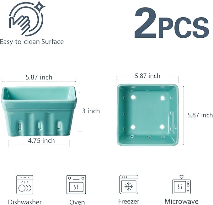 ONEMORE Berry Basket Ceramic Berry Bowls with Holes Square Fruit Bowl Berry Colander Containers for Fridge - 5.8" Fruit Basket for Kitchen Décor, Set of 2, Mint Green